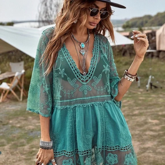 Bohemian Floral Embroidered Beach Cover up